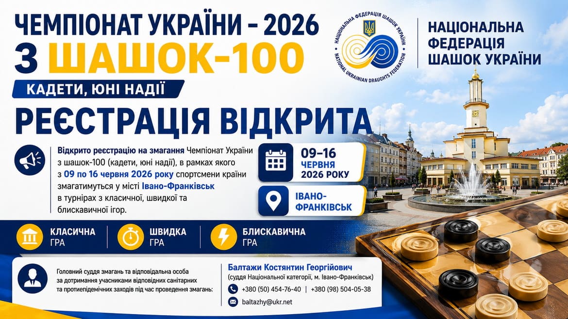 Відкрита реєстрація на змагання Чемпіонат України – 2026 з шашок-100 (кадети, юні надії)